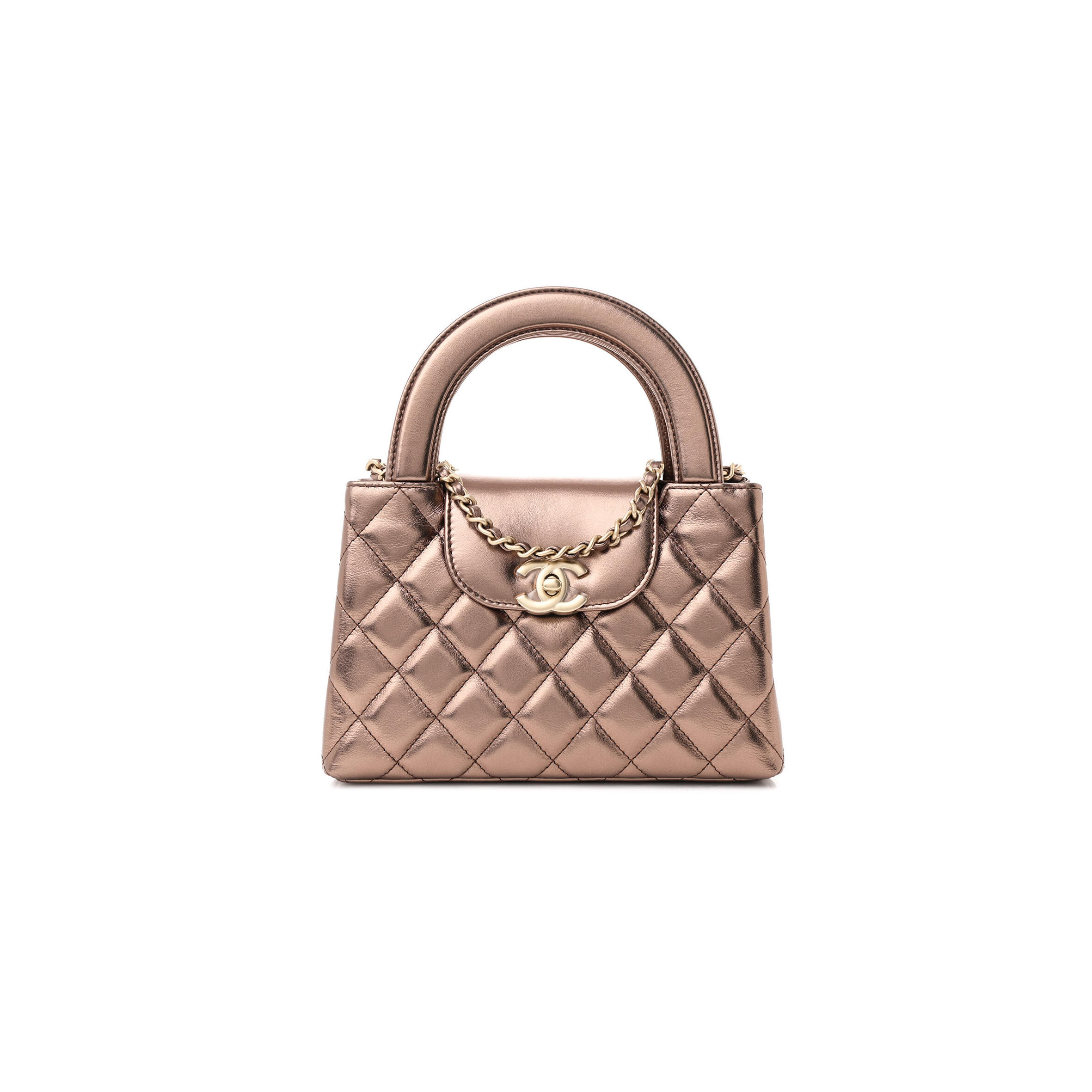 Ch*el master metallic aged calfskin quilted nano kelly shopper light brown (19*13*7cm)
